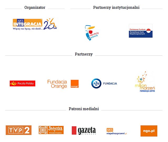 Loga. Organizator: Integracja, partnerzy instytucjonalni: m.st. Warszawa, PFRON, partnerzy: Poczta Polska, Fundacja Orange, Fundacja PZU, Fundacja Lotto Milion Marzeń, patroni medialni: TVP2, Jedynka Polskie Radio, Gazeta Wyborcza, Niepelnosprawni.pl, Ngo.pl