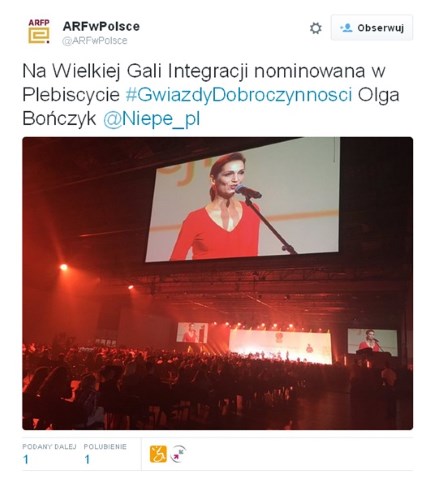 twitt Akademii Rozwoju Filantropii w Polsce o obecności Gwiazdy Dobroczynności - Olgi Bończyk