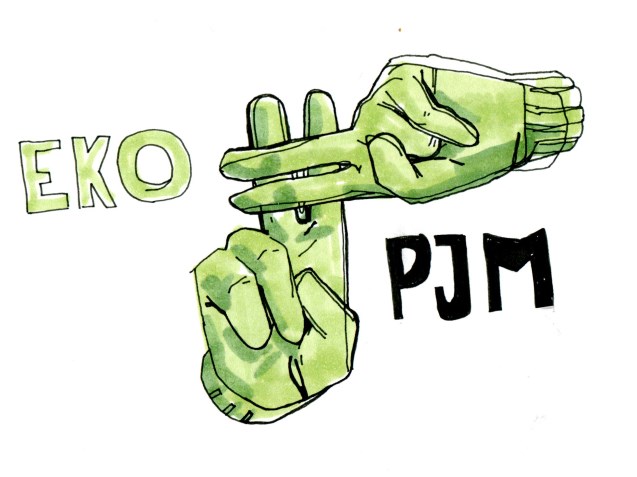 logo eko pjm - zielone dłonie. Każda z nich trzyma palce gestu viktorii, ale dłonie przecinają się.