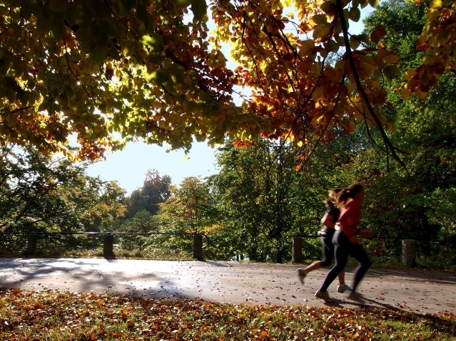 dwie dziewczyny biegną przez park