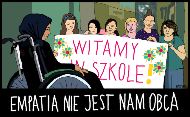 Na ilustracji jest dziewczynka muzułmanka na wózku, którą wita z transparentem kilka dziewczyn 