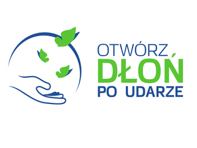 logo otwartej dłoni, przy niej napis - Otwórz dłoń po udarze mózgu