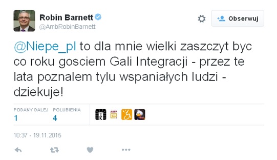 Robin Barnett pisze na twitterze o swoich podziękowaniach dla Integracji i możliwości uczestniczenia co roku w gali