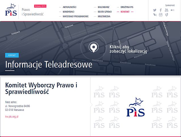 Strona internetowa Prawa i Sprawiedliwości z adresem jako jedynymi informacjami teleadresowymi