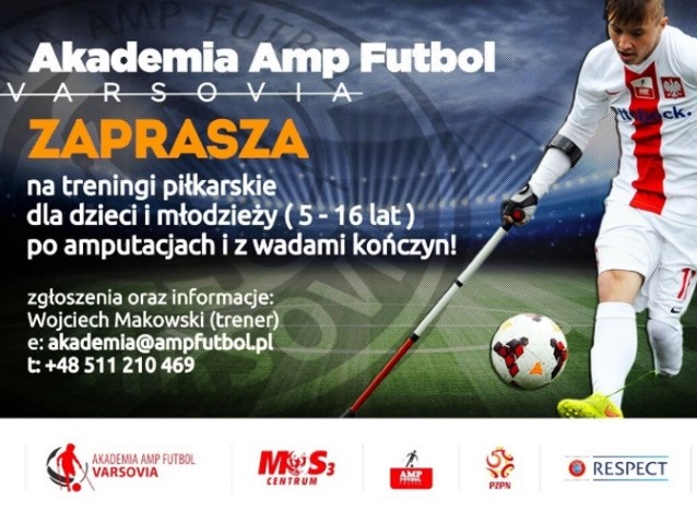 plakat zachęcający do udziału w treningach ampfutbolu dla dzieci i młodzieży w wieku 5-16 lat