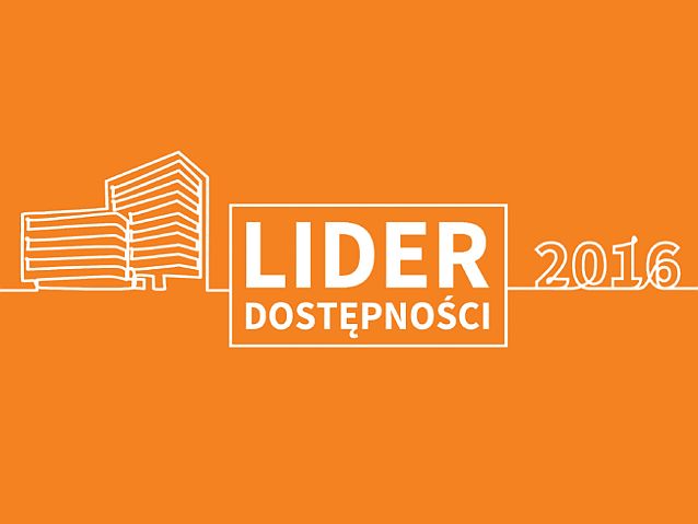 Plansza z napisem Lider Dostępności, rysunkiem budynku i liczbą 2016