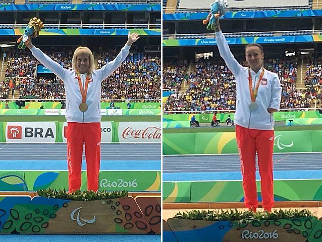 Dwa zdjęcia: na lewym Barbara Niewiedział z medalem na szyi unosi ręce w górę, na prawym z medalem Alicja Fiodorow