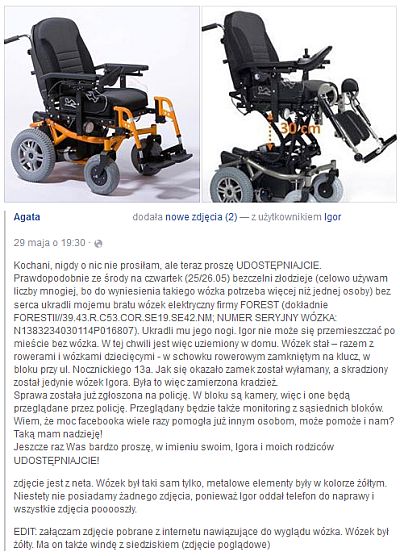 Post z Facebooka Agaty, ze dwoma zdjęciami wózka elektrycznego. Treść posta znajduje się w artykule.