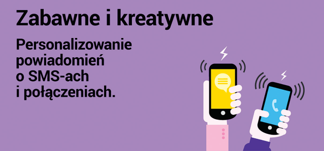 dwie dłonie machają telefonami. napis: Zabawne i kreatywne. Personalizowanie powiadomień o SMSach i połączeniach