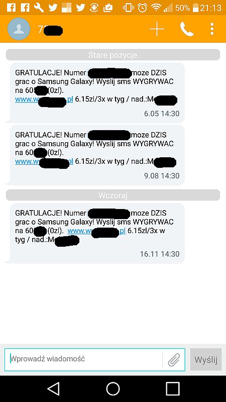 Ekran komórki z SMS-ami Premium o treści: Gratulacje, numer może dziś grać o Samsung Galaxy! Wyślij SMS Wygrywać na numer itd.