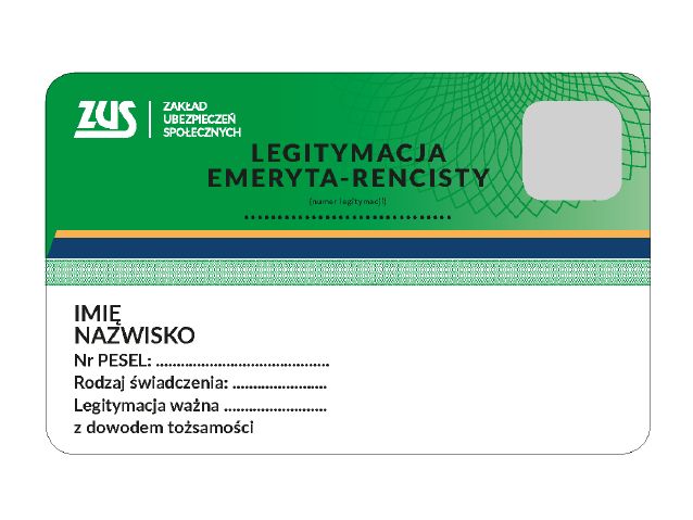 Awers legitymacji emeryta-rencisty, u góry napis ZUS, poniżej miejsca na imię, nazwisko, PESEL, rodzaj świadczenia, datę ważności