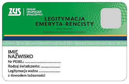 Awers legitymacji emeryta-rencisty, u góry napis ZUS, poniżej miejsca na imię, nazwisko, PESEL, rodzaj świadczenia, datę ważności