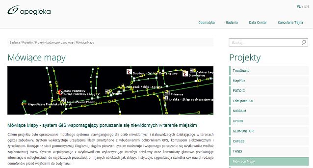 Fragment strony internetowej Mówiących Map z fragmentem planu miasta