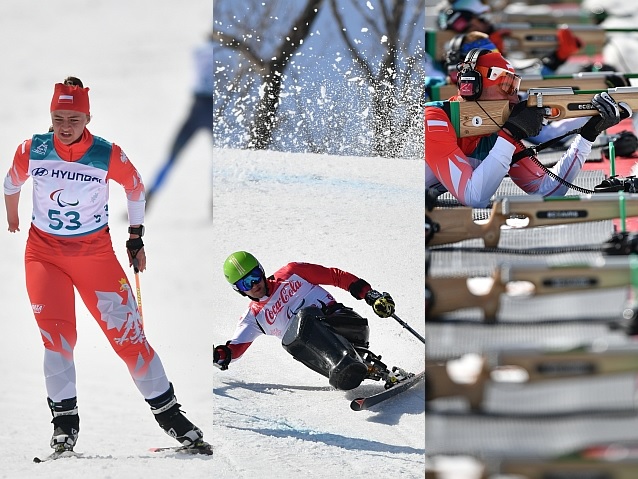Trzy połączone zdjęcia: biegaczki na nartach, zjazdowca i biatlonisty strzelającego z karabinu