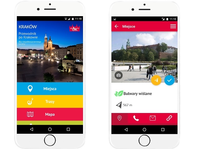 zrzuty ekranu komórki z aplikacją Kraków dla niepełnosprawnych