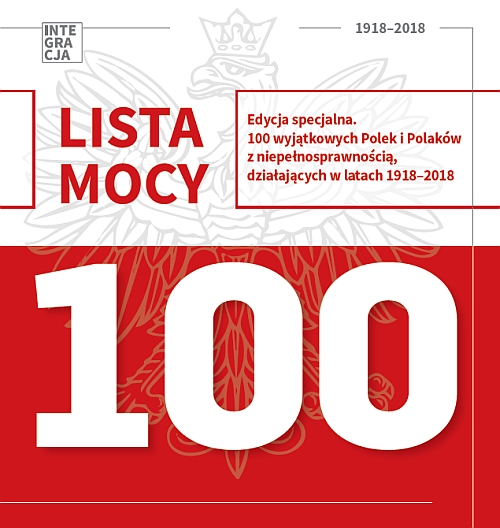 Biało-czerwona okładka publikacji pt. Lista Mocy. Edycja specjalna. 100 wyjątkowych Polek i Polaków z niepełnosprawnością, działających w latach 1918-2018