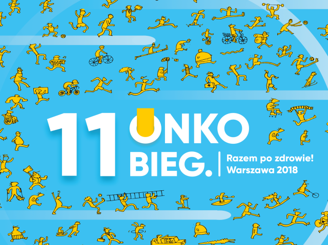 na niebieskim tle jest napis 11. Onkobieg razem po zdrowie! Oprócz napisu na grafice znajduje się kilkadzieciąt małych, żółtych biegnących postaci