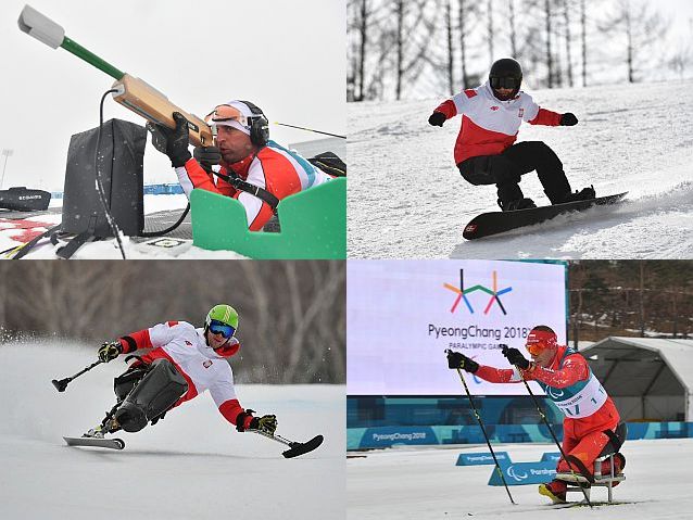 Cztery zdjęcia przedstawiające sportowców na śniegu: narciarza zjazdowca, snowboardzistę, biegacza na sledżu i biatlonistę z karabinkiem