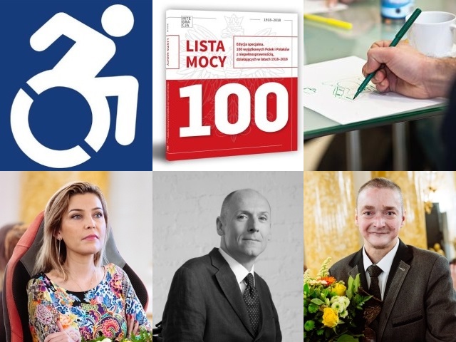 sześć zdjęć: symbol niepełnosprawności, okładka Lista Mocy z okazji odzyskania przez Polskę niepodległości, dłoń piszaca na kartce, Agata Roczniak, Piotr Pawłowski i Przemysław Sobieszczuk