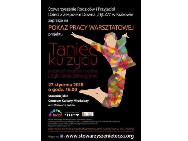 plakat pokazu pn. Taniec ku życiu, na którym znajduje się kolorowa grafika osoby podskakującej, obok niej znajdują się dane informacyjne o pokazie - te informacje są podane w treści tekstu