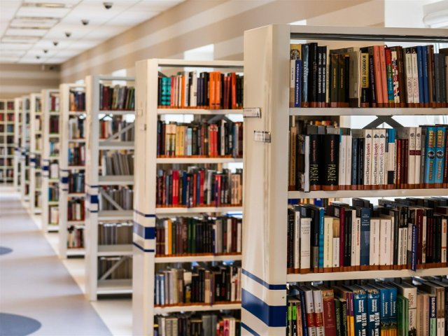 półki z książkami ustawione rzędem za sobą w bibliotece