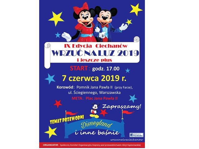 plakat z myszką MIiki i napisem 9. edycja Ciechanów wrzuć na luz 2019 i jeszcze plus