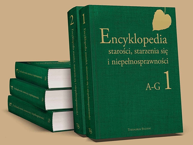 Okładka pierwszego tomu Encyklopedii starości, starzenia się i niepełnosprawności; za nim pozostałe cztery tomy