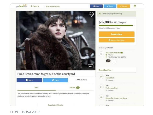 Screen ze strony, na której zbierane są pieniądze na podjazd dla Brana Starka