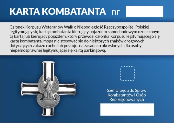 awer karty kombatanta niebieskie tło napis na górze karta kombatanta nr poniżej wizerunek odznaki pamiątkowej korpusu weteranów pośrodku napis z informacją o uprawnienieniu do parkowania