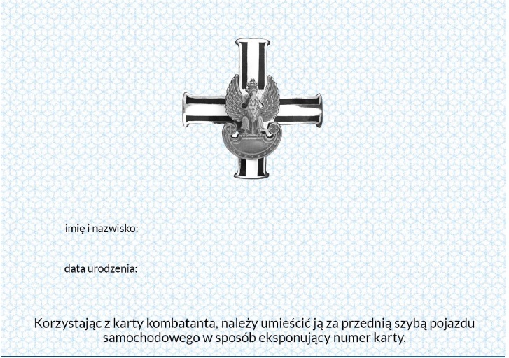 rewers karty kombatanta białe tło z giloszem koloru niebieskiego znak korpusu weteranów poniżej miejsce na imię i nazwisko i datę urodzenia oraz informacja o konieczności wyłożenia karty by widoczny był jej numer