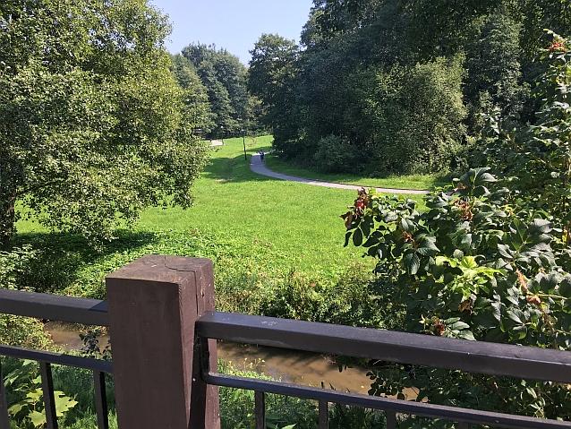 Widok z tarasu na park, zieloną trawę, drzewa, w oddali ktoś idzie ścieżką