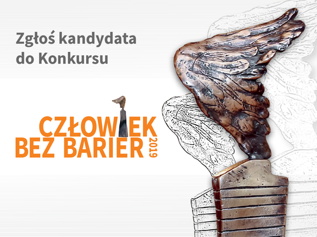 statuetka Człowieka bez barier z napisem Zgłoś kandydata do konkursu Człowiek bez baroer 