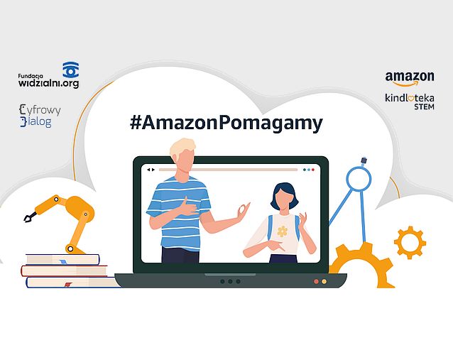 Grafika przedstawia ekran laptopa, na którym migają dwie osoby: mężczyzna i dziewczynka. Nad monitorem napis: Amazon Pomagamy