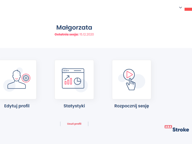 zrzut z ekranu aplikacji na górze Małgorzata ostatnia sesja 15.12.2020 pod spodem trzy kwadraty edytuj profil, statystyki, rozpocznij sesję