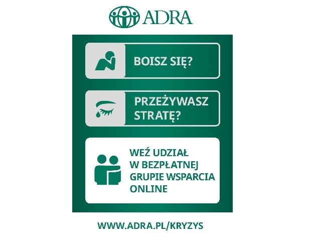 grafika bialo-zielona na górze napis adra i logo pod spodem napis boisz się, przeżywasz stratę, weź udzial w bezpłatnej grupie wsparcia online