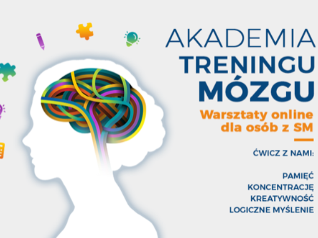 grafika rysunek kobiecej głowy z profilu z kolorowymi zwojami mózgu po prawej napis akademia treningu mózgu warsztaty online dla osób z SM cwicz z nami pamięć koncentrację kreatywność logiczne myslenie