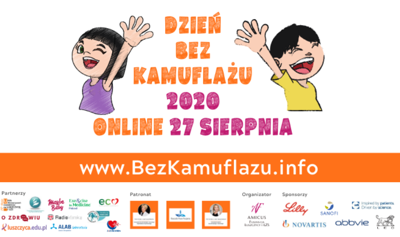 rysunek po lewej dziewczynka roześmiana z uniesioną ręką po prawej chłopiec w tej samej pozie pomiędzy nimi napis dzień bez kamuflażu 2020 online 27 sierpnia i adres strony www.bezkamuflazu.info