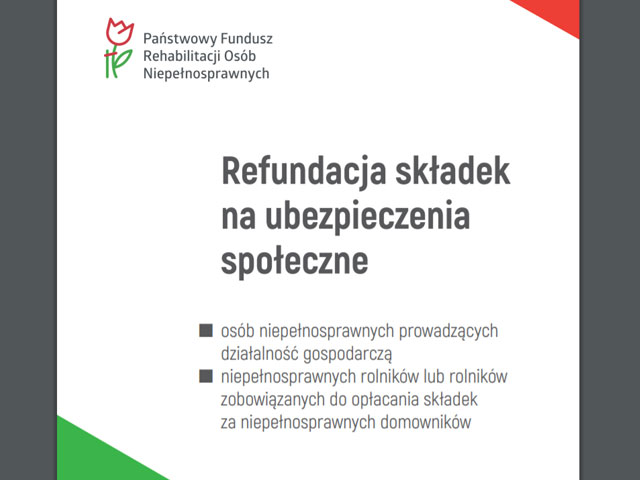 okładka broszury z logiem PFRON i tytułem Refundacja składek na ubezpieczenia społeczne