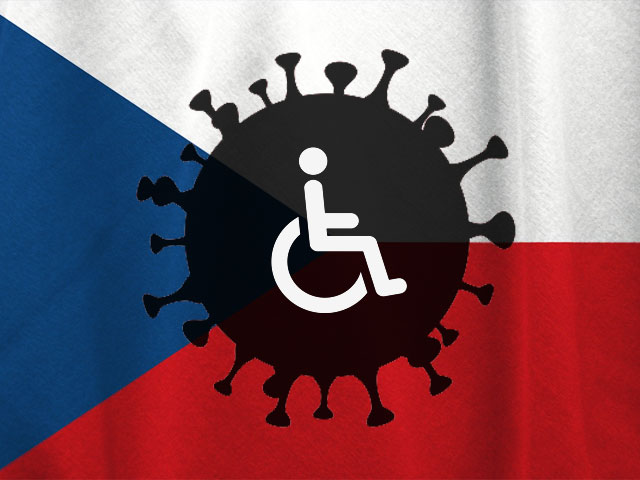 na fladze Czech znajduje się grafika koronawirusa, a w niej symbol niepełnosprawności