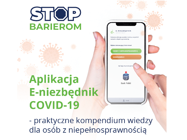 rysunek rąk trzymających telefen na górze napis stop barierom na białym tle różowy zarazek wirusa i napis aplikacja e-niezbędnik covid-19