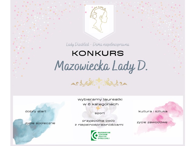 plakat na pastelowym tle rysunek głowy kobiety i wokół niej napis mazowiecka lady d pod spodem konkurs mazowiecka lady d