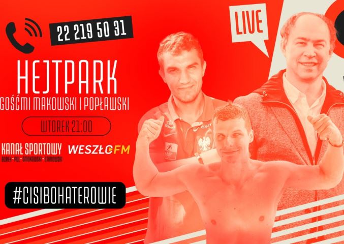 grafika na czerwonym tle zdjęce makowskiego, popławskiego i pola, nr telefonu 22 2195031 hejtpark wtorek 21.00