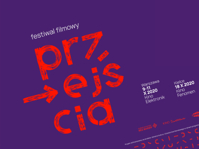 grafika na fioletowym tle napis festiwal filmowy przejścia czerwonymi dużyli literami