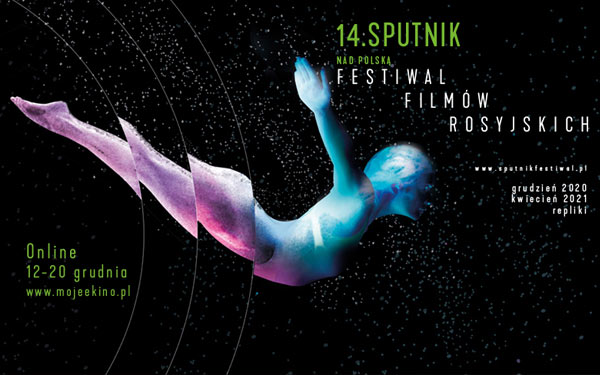 plakat z napisem 14. Sputnik festiwal filmów rosyjskich. Na głównym planie jest lecąca przez kosmos sylwetka kobiety