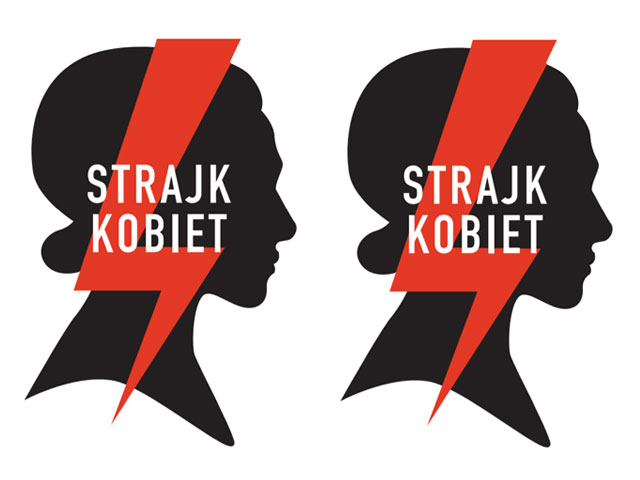 plakat Strajku Kobiet - czarna grafika popiersia kobiety, na niej czerwony piorun z napisem Strajk Kobiet