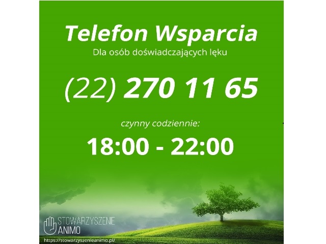 grafika na zielonym tle napis telefon wsparcia dla osób doświadczających lęku 222701165 czynny codziennie 18-20 na dole drzewo na polanie w lewym roku logo Stowarzyszenia animo