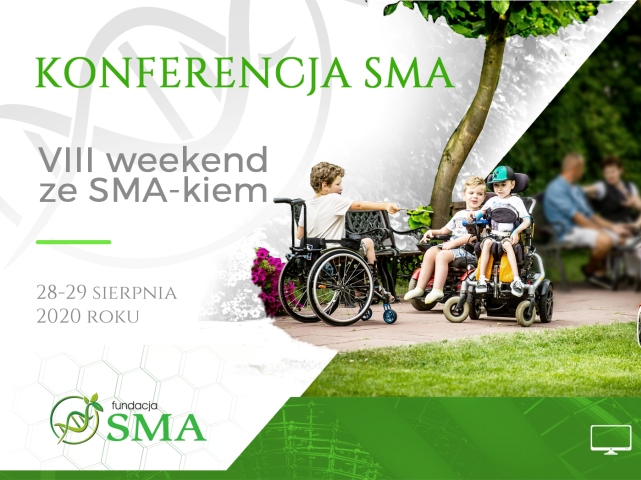 grafika w tle zdjecie trzech chłopców na wózkach napis konferencja SMA VIII weekend ze SMA-kiem 28-29 sierpnia