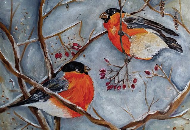 namalowane dwa ptaki na gałęziach