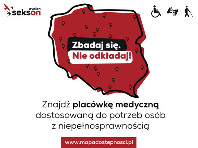 mapa Polski, niżej napis: znajdź placówkę medyczną dostosowaną do osób z niepełnosprawnością - www.mapadostepnosci.pl