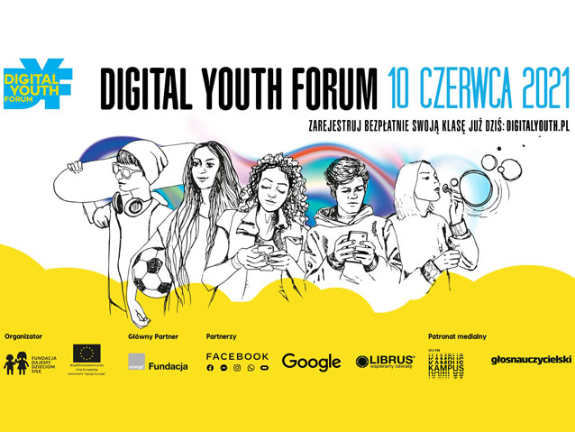 grafika przedstawia napis Digital Youth Forum wraz z logami i datą wydarzenia oraz nastolatków